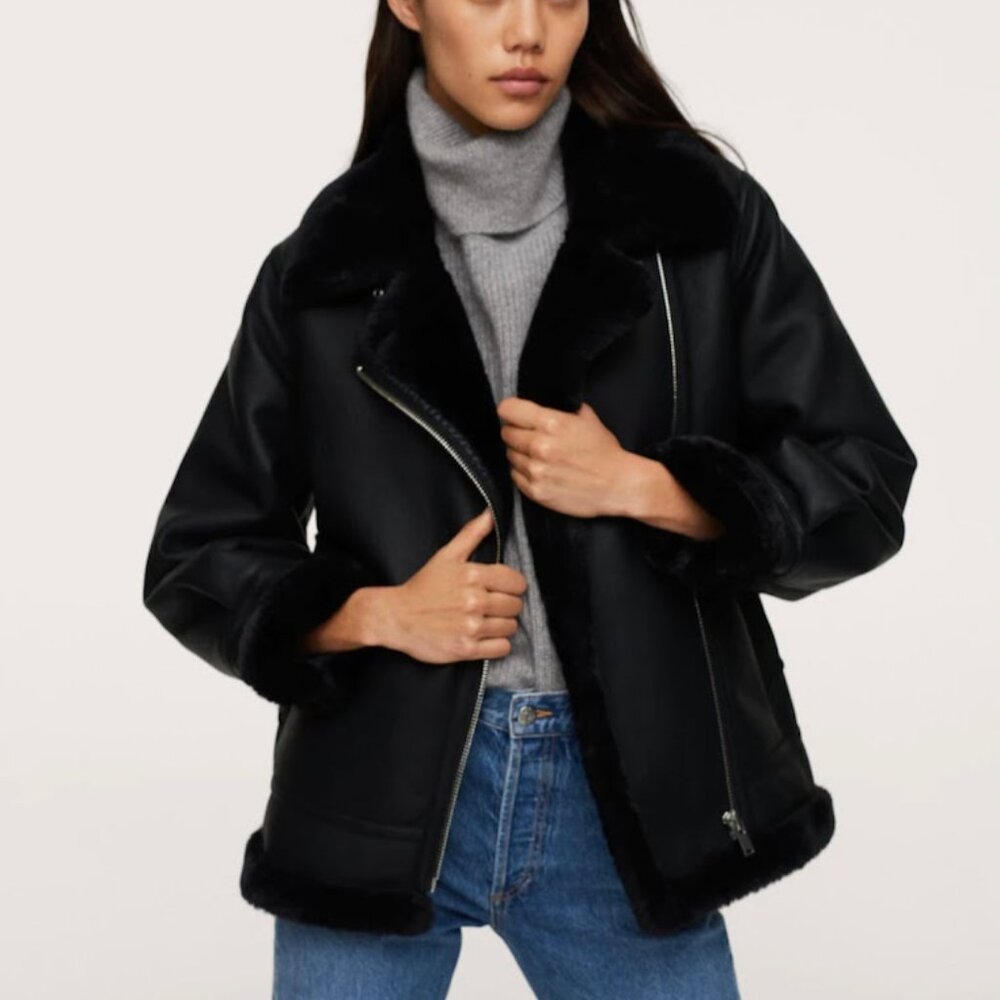 Mango faux fur lining biker jacket size L NWT